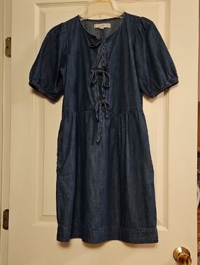 LOFT Indigo Denim Tie-Front Puff Sleeve Mini Dress
